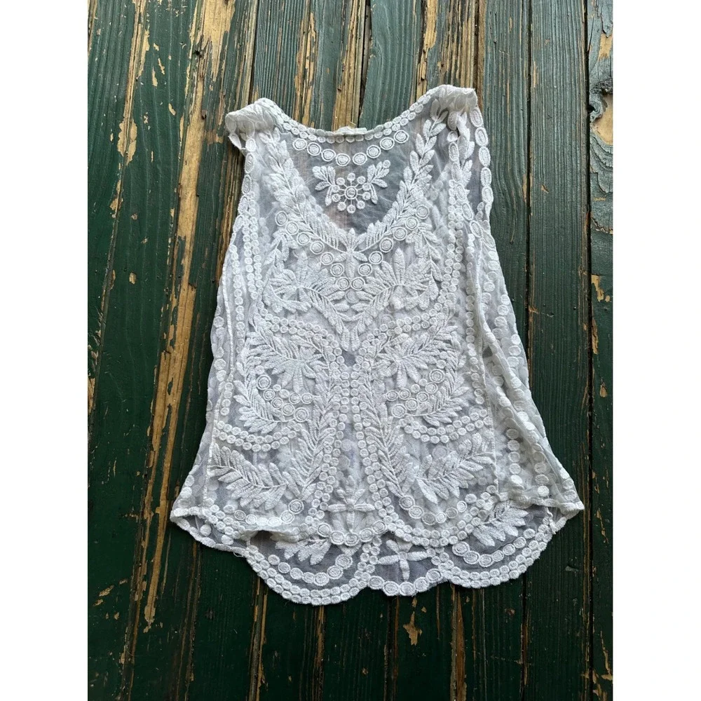 Cygne White Floral Embroidered Mesh Tank Top Sheer Lace Boho Sleeveless L - Picture 3 of 4